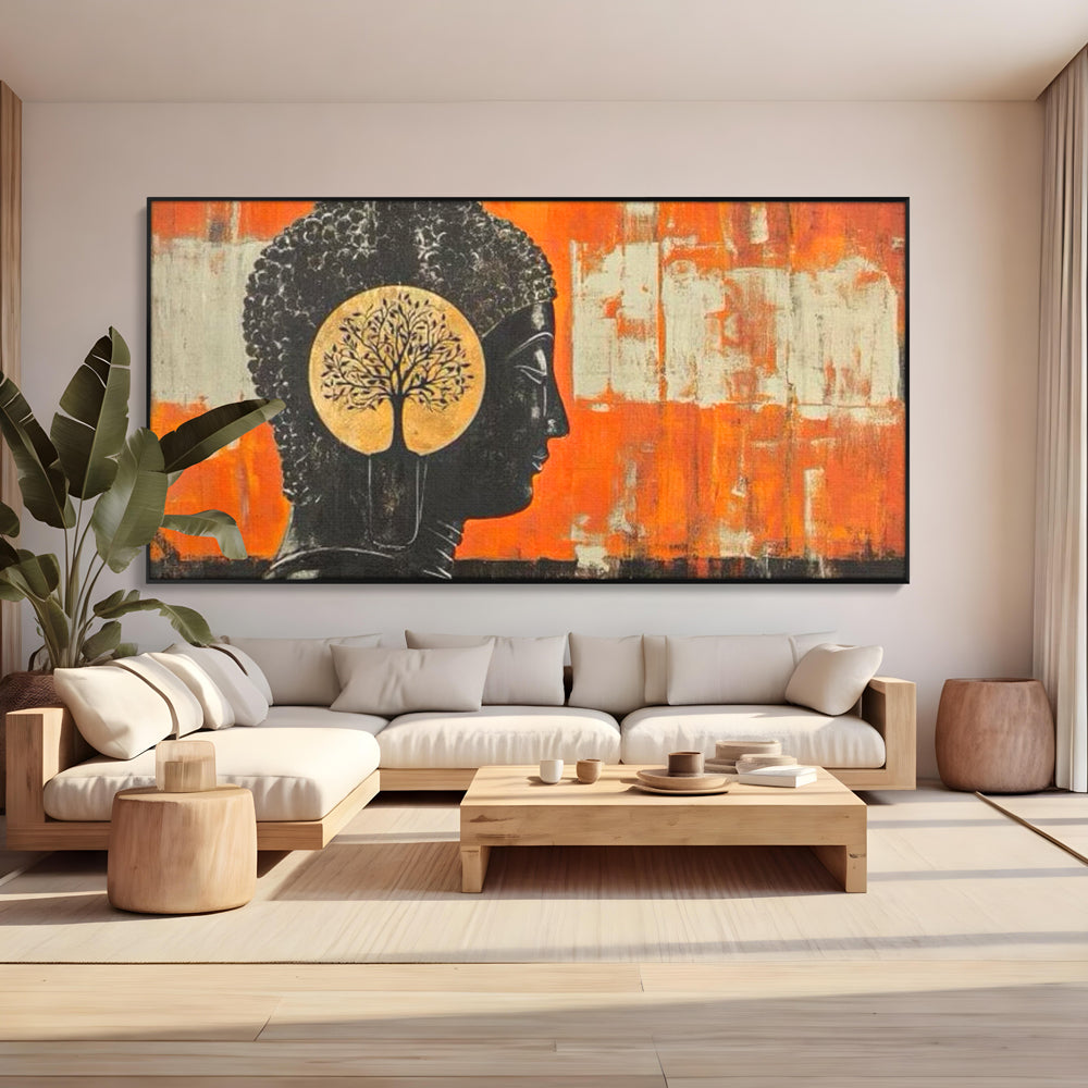 Tablou canvas cu tablou canvas cu profilul lui buddha, in rama de aluminiu negru, pe perete intr-un living
